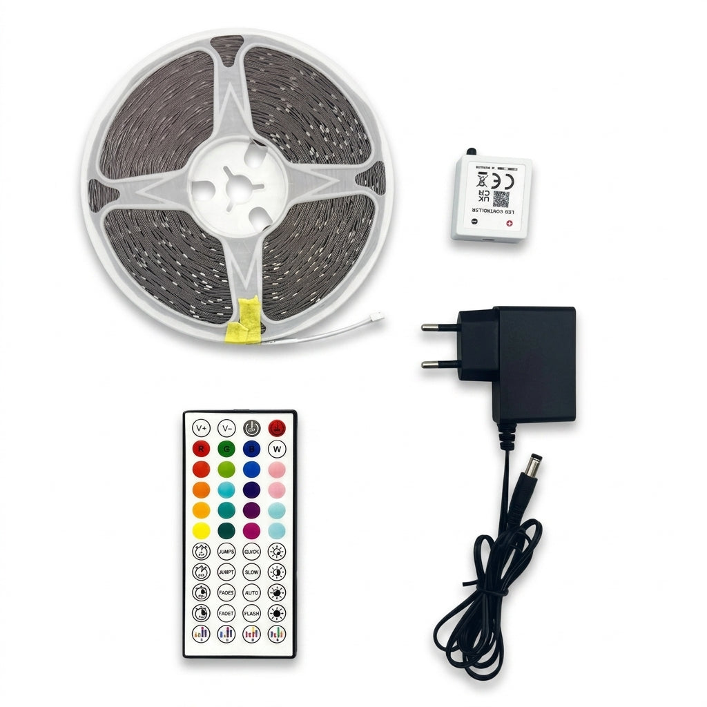 Fita LED RGB 5m Bluetooth Controle App e Música em fundo branco