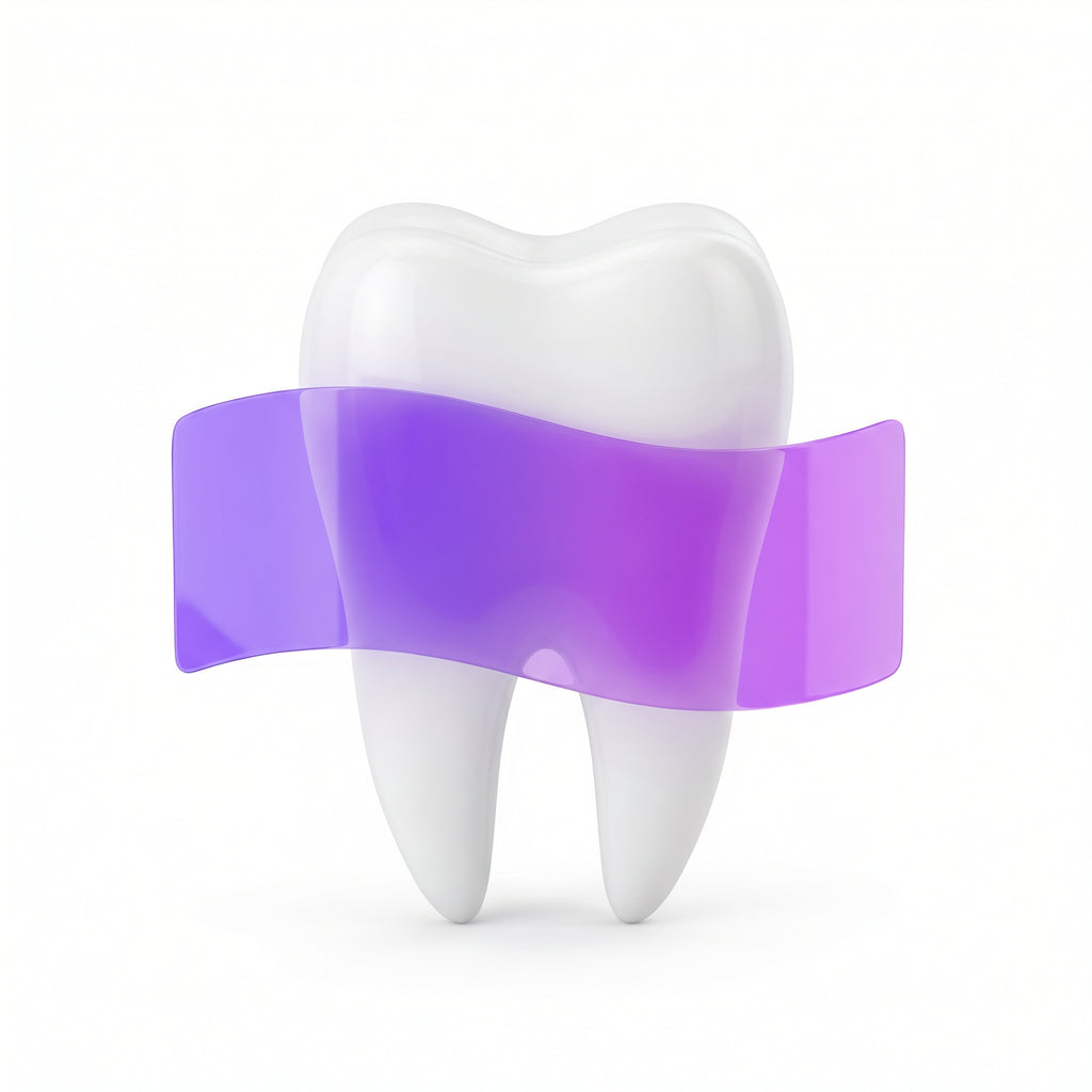 Tira clareadora roxa aplicada em um dente branco, fundo branco