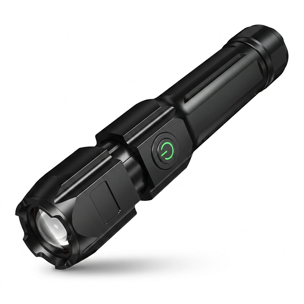 Lanterna Tática LED Recarregável USB com Zoom à Prova D'água em fundo branco