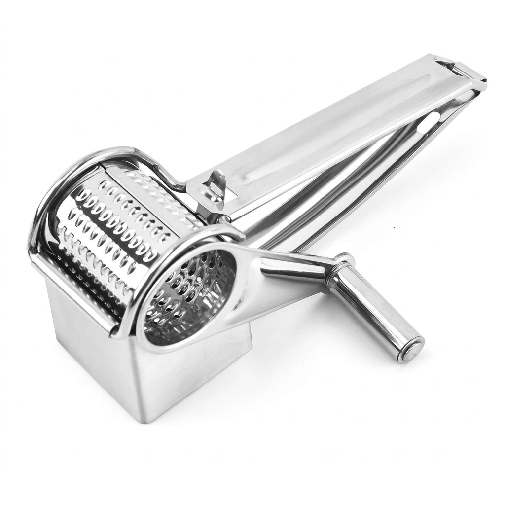 Ralador Rotativo Manual Inox 3 Cilindros para Queijo e Legumes em fundo branco