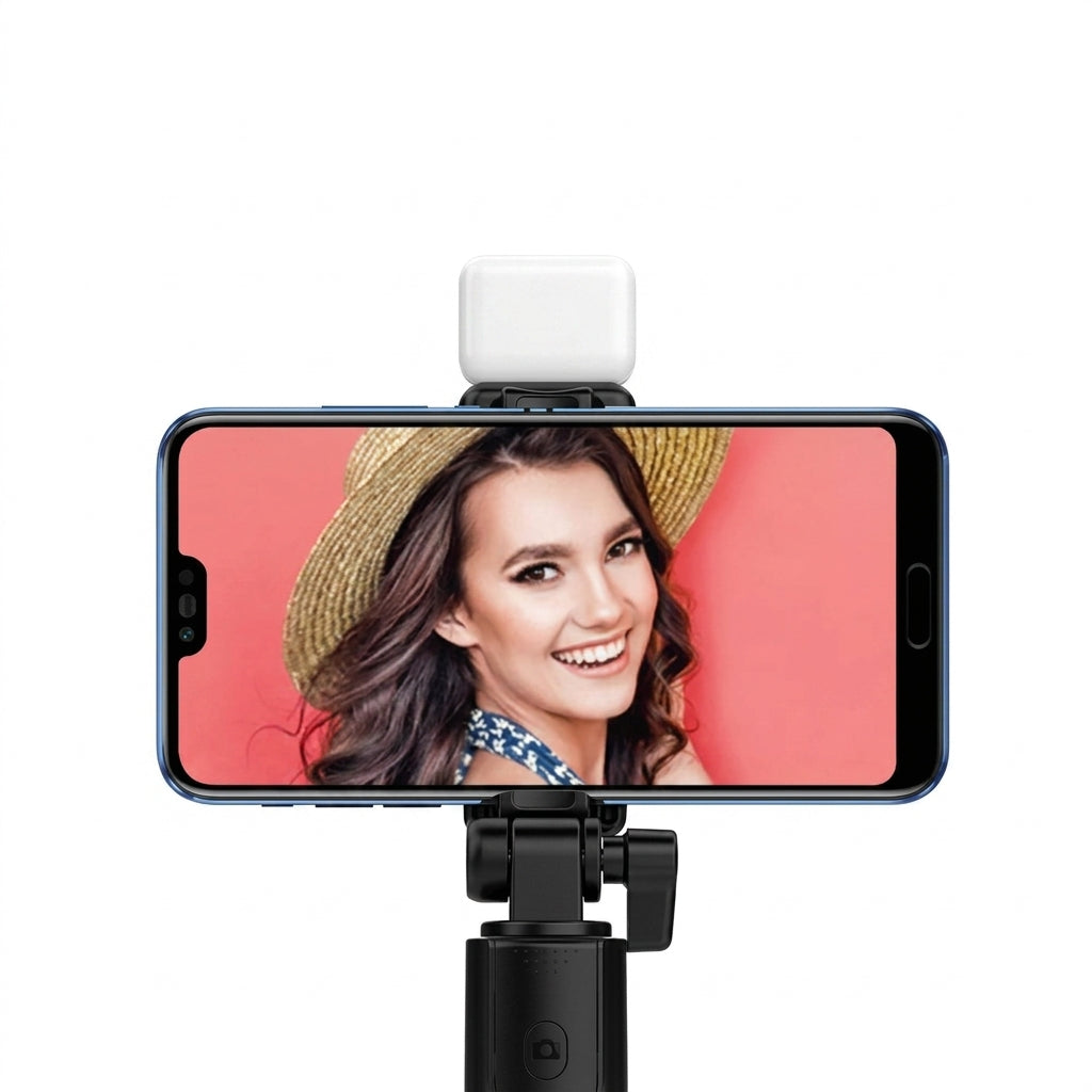 Tripé Selfie Bluetooth com Controle Remoto e Luz LED Ring em fundo branco